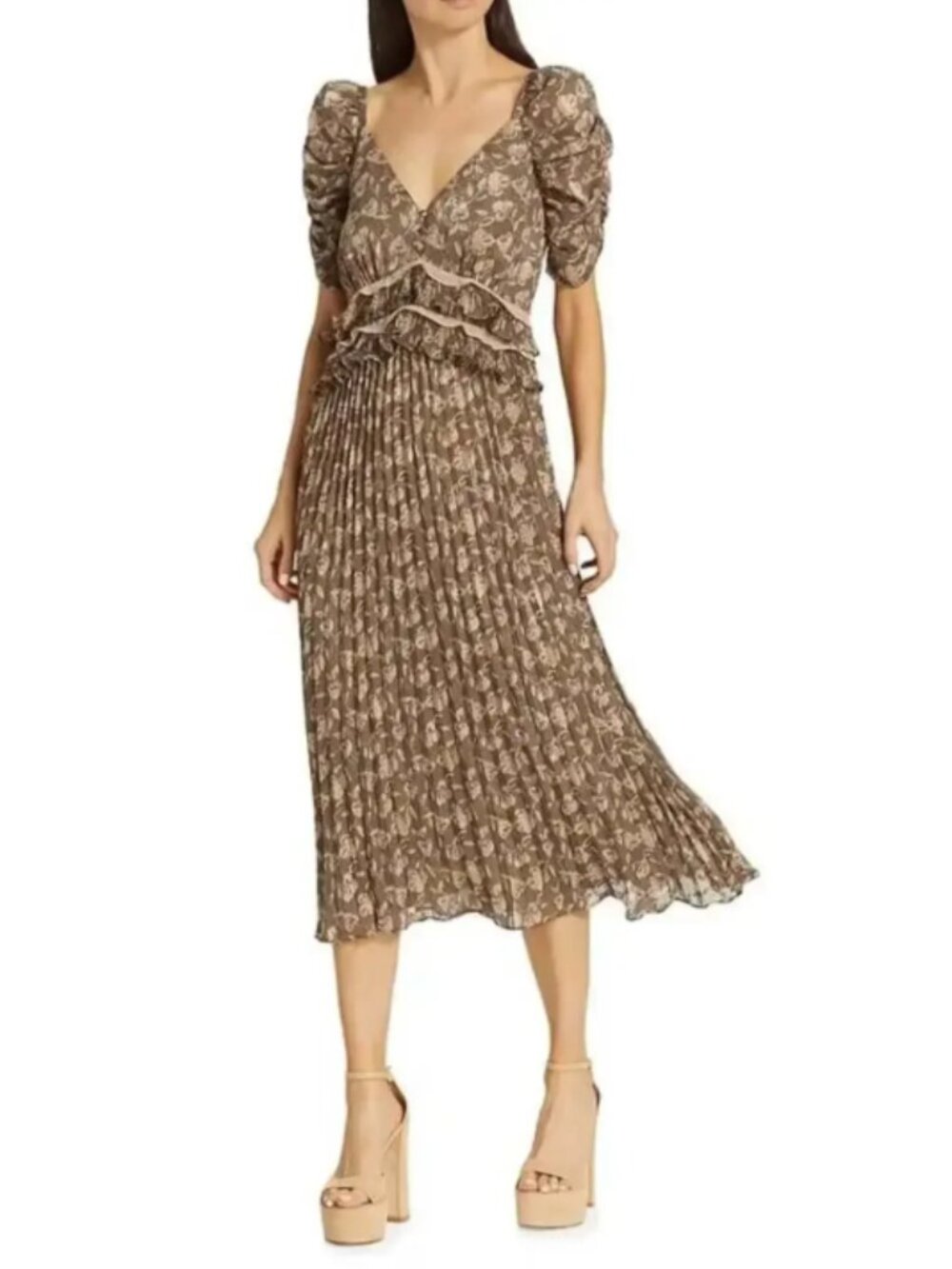 En Saison Daphne Women's XS Floral Chiffon Pleated Midi Dress Milkmaid Regency